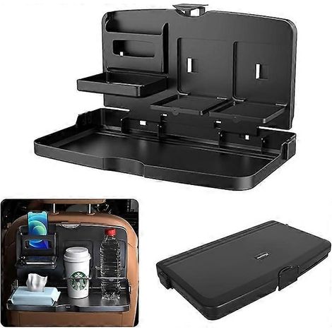 Plateau pliable pour voiture, table repas pour enfants, plateau de voyage avec porte-gobelet, organisateur de siège arrière pour boissons, repas et verres d'eau - Noir (1/5)