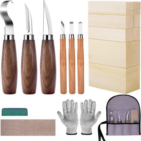 Schnitzmesserset mit Holzblöcken, Holzschnitzset für Erwachsene und Kinder (Anfänger), Set beinhaltet 6 Holzschnitzmesser, 8 Holzblöcke und vergrößerte Handschuhe. (1/5)