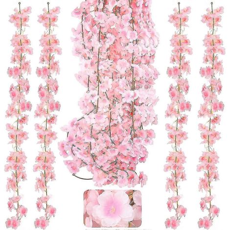 Lot de 4 guirlandes de fleurs artificielles de 1,7 à 1,8 m, fleurs de cerisier suspendues en soie