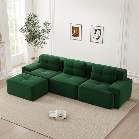 Canapé d'angle modulable Cloud, convertible en L, avec pouf, velours côtelé vert, 3 places, sans assemblage, pour salon, design flexible (1/5)