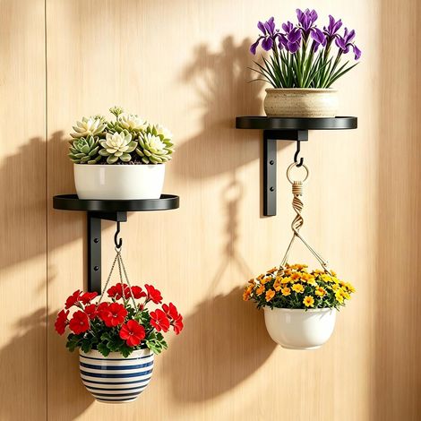 2 Pièces Étagère Murale Plante, Support Plantes Mural en Métal avec Crochet Intégré, Support Plante Mural pour Pots de Fleurs, pour Salon Balcon Jardin, Noir, Ø15 cm (1/5)