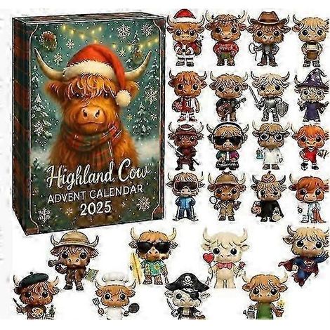Calendrier de l'Avent surprise vaches Highland écossaises - Décoration sapin de Noël - Pendentif acrylique - Boîte surprise vaches Highland écossaises - 26 x 18 x 3 cm (1/4)