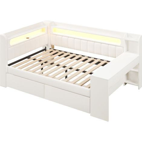 Cama diván tapizada 140x200 cm con escritorio, LED, USB y 2 cajones, blanco MODENUIT (1/5)