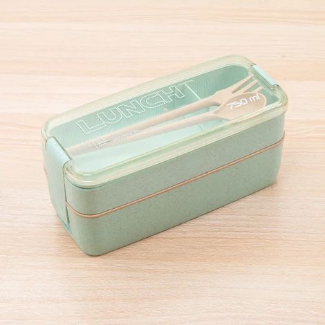 (Vert, 2 couches) Boîte bento en paille de blé naturelle, grande capacité, compatible lave-vaisselle et micro-ondes, livrée avec des couverts.