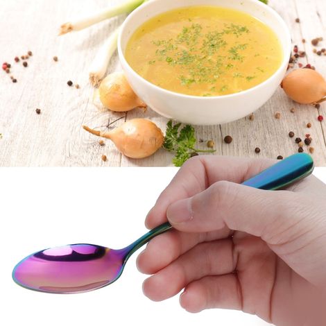 Cuillère à thé en acier inoxydable, ustensile de cuisine durable, idéale pour la maison, le restaurant et les fêtes. Colorée. (1/5)