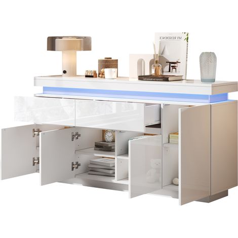 ELVMI Credenza con 4 Ante, 2 Cassetti, Ripiani Regolabili e LED per Soggiorno, Bianca, 140 x 35 x 72.5 cm (1/5)