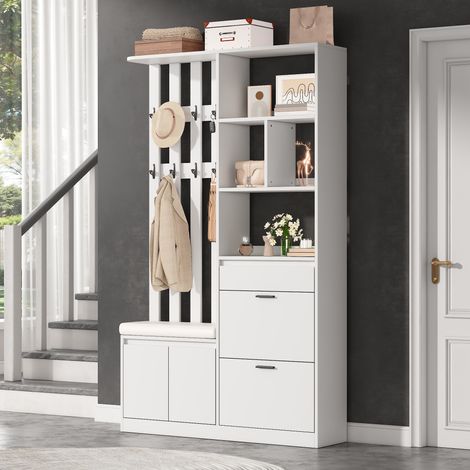 MEUBLIV Garderobenmöbel 120x30x200 cm Weiß – gepolsterte Bank und Stauraum, 2 Pakete (1/5)