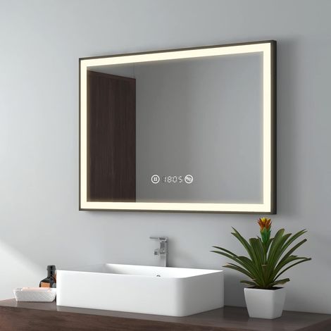 EMKE Espejo de baño con luz, luz neutra, espejo baño con borde negro, interruptor táctil, antivaho, reloj, pantalla de temperatura, regulable, función de memoria, 80 x 60 cm (1/5)