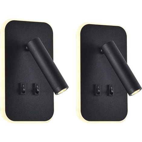 Applique LED, applique de lecture de chevet, liseuses murales LED 12W, spot orientable （3W + 9W 3000K lumière chaude） (rectangle noir 2PCS) (1/4)