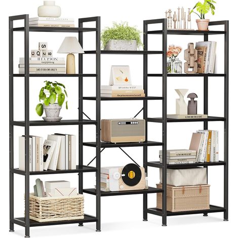 5 Niveaux Étagère Triple, Bibliothèque Rangement 145cm Noir (1/5)