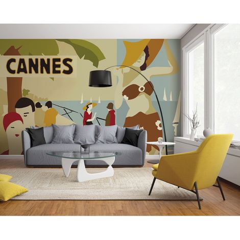Papier peint intissé Promenade à deux, 250 cm X 270 cm, Personnages glamours, Mélange de couleurs, Bord de mer. (1/2)