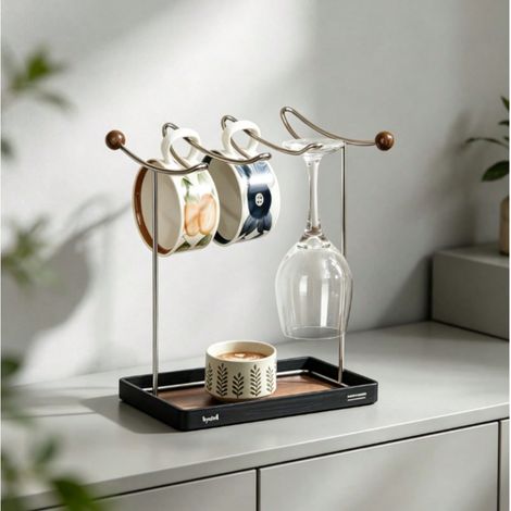 Égouttoir à tasses métallique de bureau avec bac de récupération d'eau, support pour mugs, tasses à café et verres à vin pour plan de travail, organiseur à multiples crochets pour tasses de cuisine (1/5)