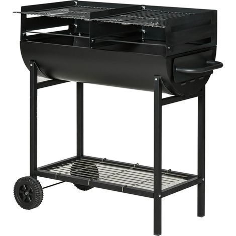 Barbecue à charbon  avec grille de cuisson extérieure réglable en hauteur, portable, avec support de rangement et roulettes, 90 x 45 x 96 cm, noir