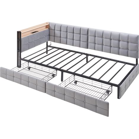 CAIziCanapé-lit rembourré 90x200 cm LED USB-C, 2 tiroirs, lit bateau, gris (1/5)