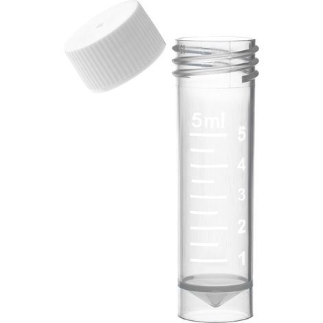 Tubes à essai en polypropylène (PP) de 5 ml, 16 x 50 mm, avec bouchon blanc, support et zone d'étiquetage, lot de 100. (1/2)