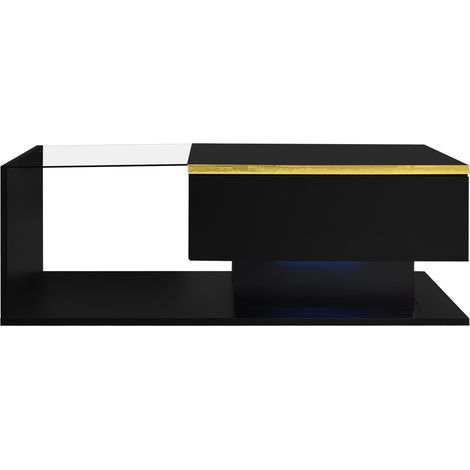 Tavolino da caffè 90 cm nero lucido con piano in vetro e LED a 16 colori (1/5)