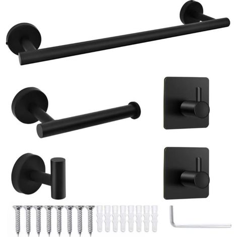 5 pièces accessoire de salle de bain, porte-serviettes, porte-papier, crochet perforé et adhésif, acier inoxydable 304, noir (1/4)
