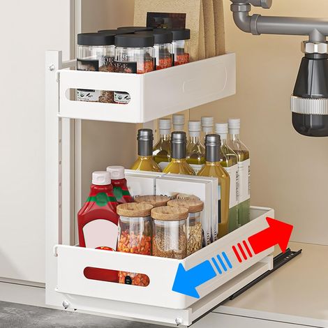 2 Niveaux Rangementr Sous Evier Cuisine et Salle de Bain, Tiroir Coulissant Cuisine Multi-Usage avec Installation Sans Perçage, Silencieux à Billes Acier (Blanc) (1/5)