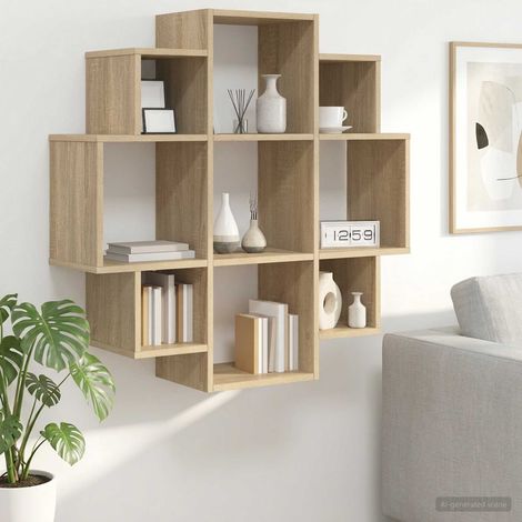 Étagère murale 9 compartiments en bois d’ingénierie chêne Sonoma 90 x 25 x 90 cm - PANGIVO (1/5)