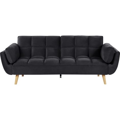 Sofá cama tapizado en tela de terciopelo negro 3 plazas patas de madera relleno de espuma espalda dividida relleno de galleta Asby (1/5)