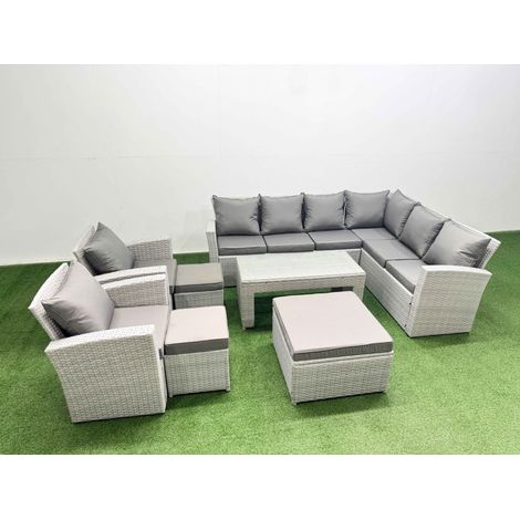 Fimous Rattan Garden Furniture Set 8 Pieces Outdoor Garden Sofa Oblong Coffee Table Set with 2 Chairs 3 Footstools Light Grey Mixed (1/4)