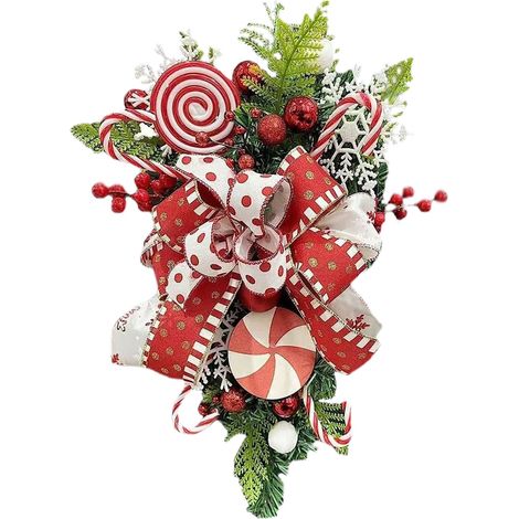 Guirlande De Noël - Couronne Artificielle Avec Aiguilles De Pin - Bonbons En Forme De Canne À Sucre Rouge Et Flocons De Neige - Pour Porte D'Entrée Mur Ou Fenêtre - 1 Pièce (1/5)