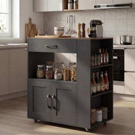 Pour votre cuisine gagnez de l'espace avec cette desserte roulante meuble de service mobile plateau aspect bois noir (1/5)