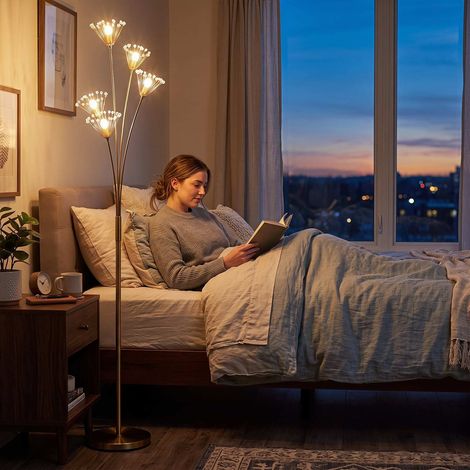 Lampadaire doré en métal design pissenlit de 180 cm avec base ronde de 28 cm et interrupteur au pied pour salon, chambre et bureau (1/5)