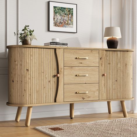 Buffet bois naturel cannelé, 2 portes coulissantes + 3 tiroirs + pieds bois massif, style scandinave moderne