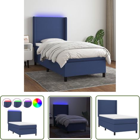The Living Store Sommier à lattes de lit matelas et LED Bleu 90x200 cm Tissu - Sommier Tapissier - Lit Avec Led - Matelas À Ressorts Ensachés - Tête De Lit Réglable - Éclairage LED (1/5)