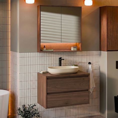 Conjunto mueble simple lavabo 80cm y armario espejo Edmé Madera oscura (1/4)