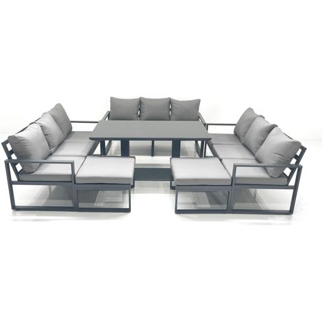 Fimous 11 Seater Garden Sofa Set Aluminium Furniture Rising Dining Tabe Set wth 2 Big Footstools Dark Grey (1/5)