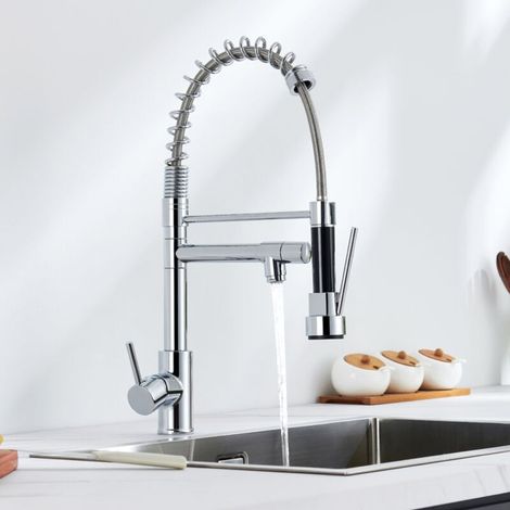 Auralum Robinet Cuisine Douchette Extractible à Deux Jets Mitigeur de Cuisine Bec Haut Flexible Robinet d'évier en Laiton Chromée (1/4)