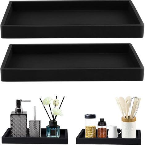 Juego de 2 bandejas decorativas (negras, 20x10cm)  Bandejas antideslizantes de silicona, bandejas de almacenamiento para baño, ideales para sala de estar, dormitorio, lavabo y bañera. (1/4)