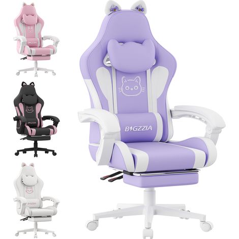 Chaise Gaming - Chaise Bureau Ergonomique - Support Lombaire Massage - Appui-tête & Repose-pied - 135°Dossier inclinable - jusqu'à 130Kg - Pivotement sur 360 degrés - Violet et blanc