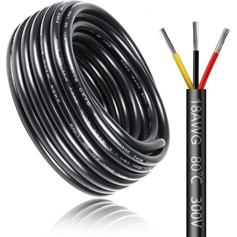 Câble Électrique 5 Mètres 18 AWG 3x0,75mm², Câble à 3 Conducteurs 5 V/12 V/24 V/220 V, Cuivre Étamé, Flexible et Souple, Faible Impédance, Haute Résistance à la Température, Câble d’Extension (1/5)