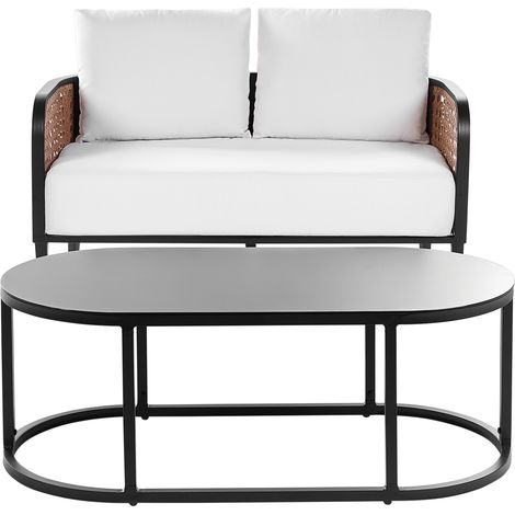 Conjunto de jardín exterior metal 2 plazas sofá de aluminio con cojines gruesos blanco crema impermeable respaldo trenza vienesa ratán sintético mesa de centro Montefalco