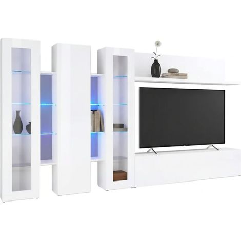 Dmora - Parete attrezzata Atta, Set salotto porta TV a 5 ante, Mobile soggiorno multiuso, 100% Made in Italy, cm 340x30h180, Bianco lucido
