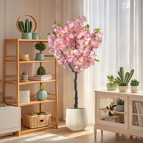 Cerisier artificiel en fleurs, 150 cm de haut, plantes artificielles en fleurs de cerisier en pot pour la décoration intérieure dans le bureau à domicile, la chambre, le porche - Rose