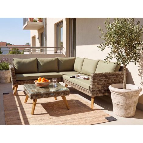 Conjunto de jardín exterior de ratán sofá esquinero y mesa de centro verde oliva Vittoria (1/5)