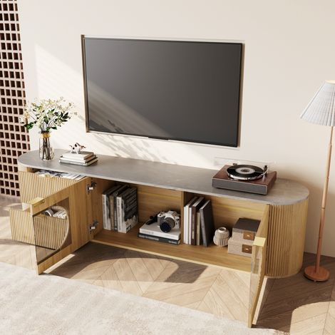 DESMIU Meuble TV avec tiroirs, niches ouvertes et vitrine ovale, pour salon, en MDF et verre, naturel, 172 × 38 × 45,5 cm (1/5)