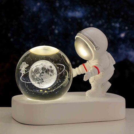 Boule De Cristal Astronaute - Veilleuse Galaxie Planétaire Avec Base En Bois - Alimentation USB - Pour Chambre D'Enfant Et Table De Nuit - 1 Pièce (1/5)