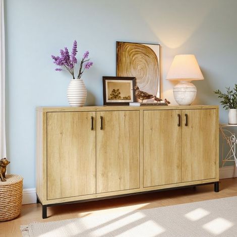 Buffet bas 160 cm – 4 portes en bois massif et métal – Style industriel scandinave – Rangement optimisé pour cuisine et salle à manger