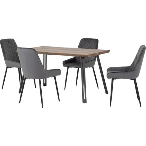 Quebec Wave Edge Dining Set with Avery Chairs - Medium Oak Effect/Black/Grey Velvet (1/5)