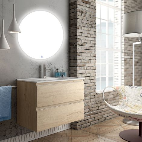 Meuble de salle de bain simple vasque - 2 tiroirs - bambou (chêne clair) - BALEA et miroir rond Led SOLEN - 80cm (1/5)