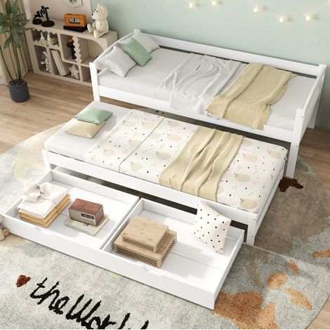 Tagesbett 205/94,5/70 cm weiß aus Kiefer und MDF mit Ausziehbett und 2 Schubladen (1/5)