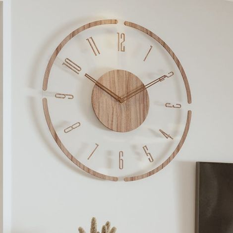 Reloj de pared redondo de 35 cm de diámetro, con acabado en imitación madera y funcionamiento silencioso, sin tictac. (1/4)