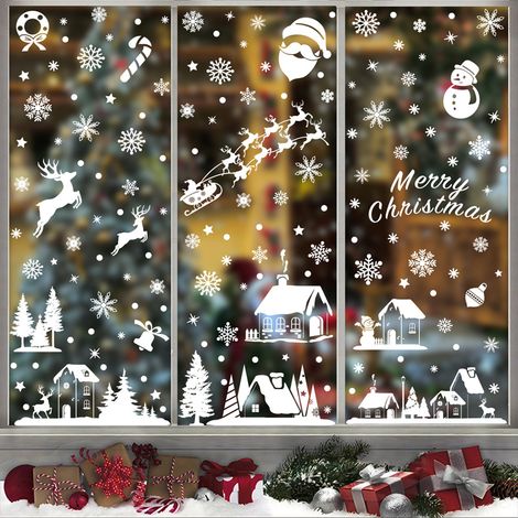Autocollants blancs pour vitrines de Noël, guirlandes de Noël, flocons de neige, autocollants statiques, autocollants pour vitrines de traîneaux de rennes, décorations de Noël pour vitrines de magasin