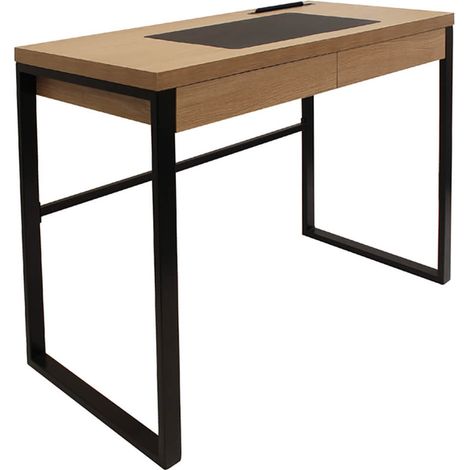 Altobuy – Bureau droit 100x50,3cm – Plateau effet bois – Piètement métallique noir – 1 tiroir de rangement – Sous-main simili cuir noir (1/5)