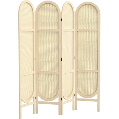 Paravent interieur en bois 4 panneaux 170 x 160 cm pliable et portable, motif tissé à la main, bois naturel